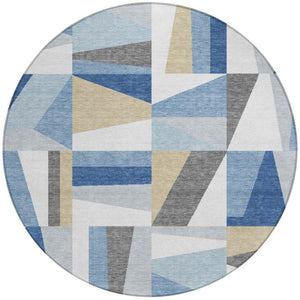HomeRoots 8' Blue Geometric Round Area Rug – Washable, Stain-Resistant, Indoor/Outdoor, Modern Design, Durable 659522