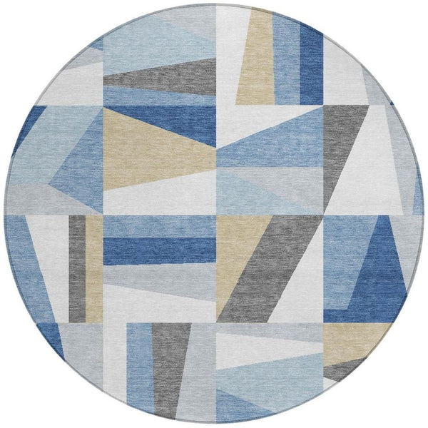 HomeRoots 8' Blue Geometric Round Area Rug – Washable, Stain-Resistant, Indoor/Outdoor, Modern Design, Durable 659522