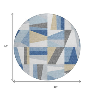 HomeRoots 8' Blue Geometric Round Area Rug – Washable, Stain-Resistant, Indoor/Outdoor, Modern Design, Durable 659522