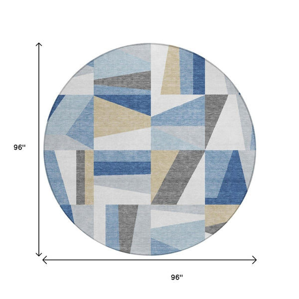 HomeRoots 8' Blue Geometric Round Area Rug – Washable, Stain-Resistant, Indoor/Outdoor, Modern Design, Durable 659522