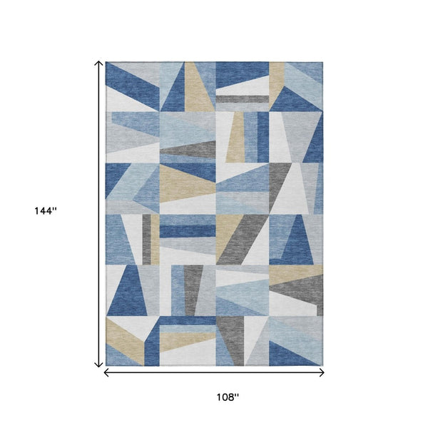 HomeRoots 9' Geometric Washable Indoor Outdoor Area Rug in Blue, Wheat & Ivory – Durable, Stylish & Versatile 659524