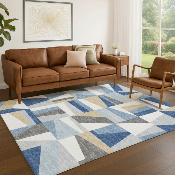 HomeRoots 9' Geometric Washable Indoor Outdoor Area Rug in Blue, Wheat & Ivory – Durable, Stylish & Versatile 659524