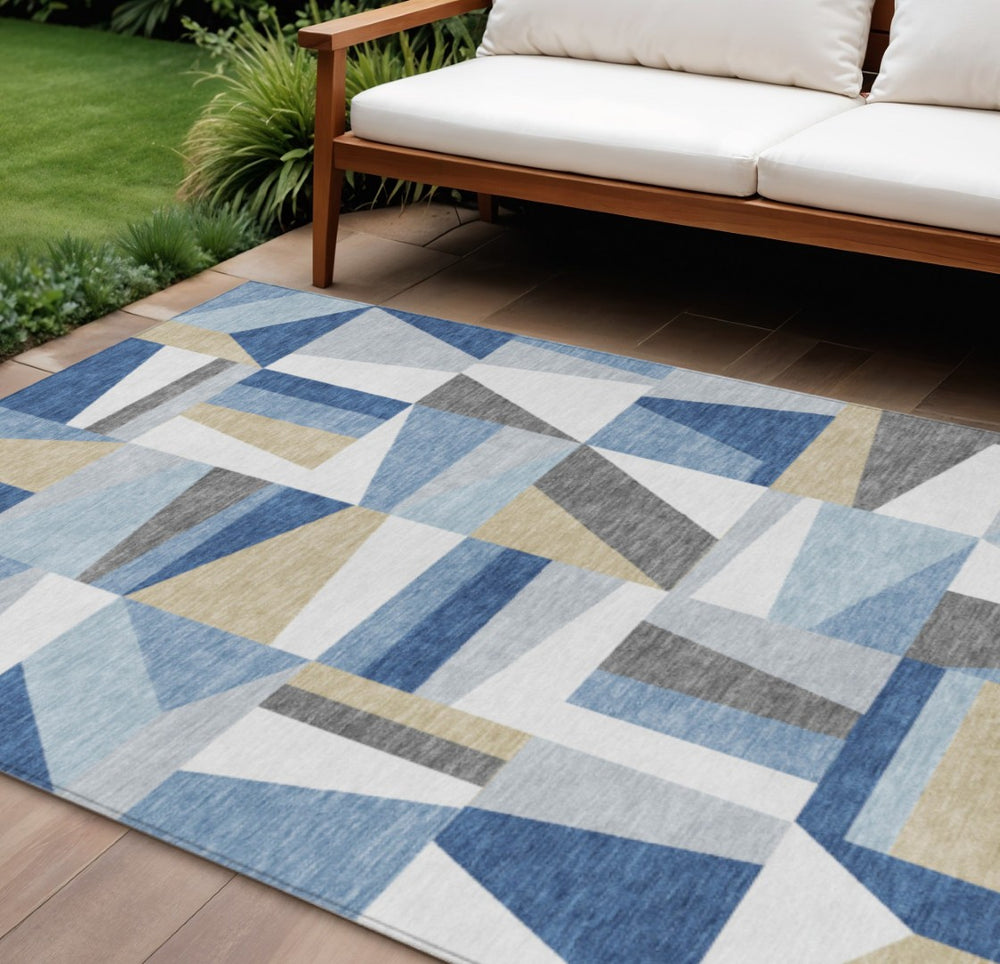 HomeRoots 10' Blue Wheat and Ivory Geometric Area Rug – Washable, Durable for Indoor & Outdoor High-Traffic Spaces 659525