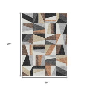 HomeRoots 5' Geometric Washable Area Rug in Gray, Brown & White | Versatile Indoor-Outdoor Decor Piece 659533