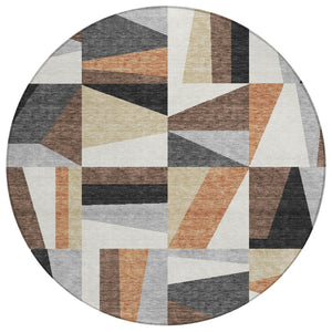 HomeRoots 8' Round Geometric Washable Area Rug in Gray, Brown & White - Stylish, Durable for Indoor/Outdoor Use 659534