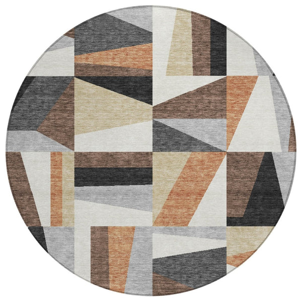 HomeRoots 8' Round Geometric Washable Area Rug in Gray, Brown & White - Stylish, Durable for Indoor/Outdoor Use 659534