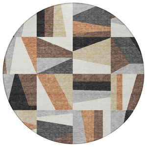 HomeRoots 8' Round Geometric Washable Area Rug in Gray, Brown & White - Stylish, Durable for Indoor/Outdoor Use 659534