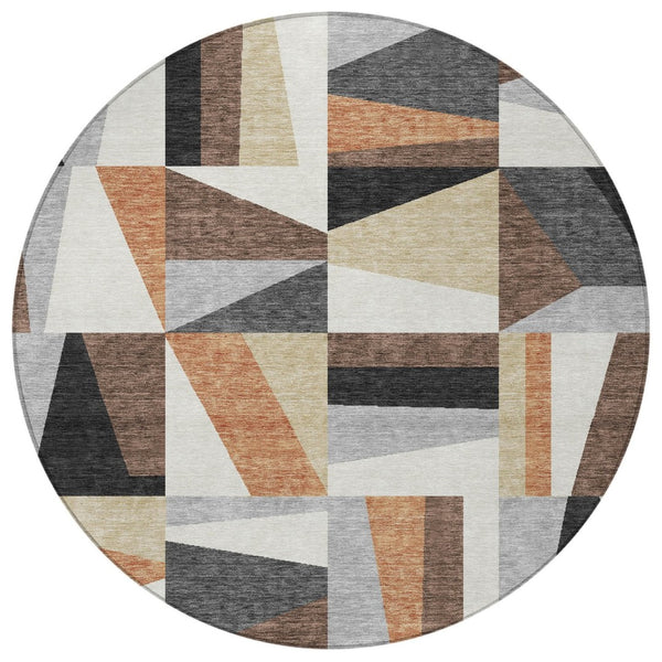HomeRoots 8' Round Geometric Washable Area Rug in Gray, Brown & White - Stylish, Durable for Indoor/Outdoor Use 659534