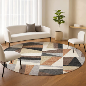 HomeRoots 8' Round Geometric Washable Area Rug in Gray, Brown & White - Stylish, Durable for Indoor/Outdoor Use 659534