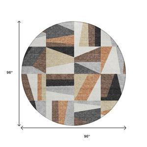 HomeRoots 8' Round Geometric Washable Area Rug in Gray, Brown & White - Stylish, Durable for Indoor/Outdoor Use 659534