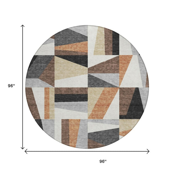HomeRoots 8' Round Geometric Washable Area Rug in Gray, Brown & White - Stylish, Durable for Indoor/Outdoor Use 659534