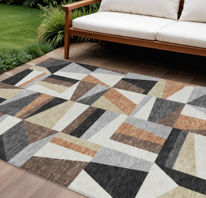 HomeRoots 9' X 12' Gray Brown Geometric Area Rug - Washable, Durable, Indoor/Outdoor, Stain Resistant Design 659536