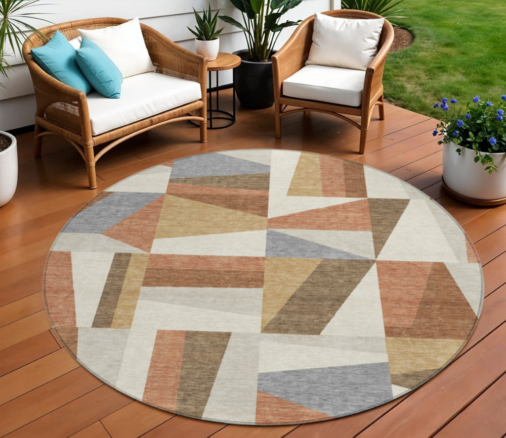 HomeRoots 8' Chili Red Beige and Gray Geometric Area Rug - Stylish, Washable, Indoor/Outdoor Durable Design 659540