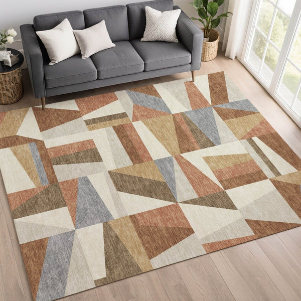 HomeRoots 8' X 10' Stylish Chili Red, Beige & Gray Geometric Area Rug - Washable, Durable for Indoor & Outdoor Use 659541