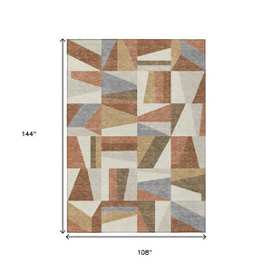 HomeRoots 9' Chili Red, Beige & Gray Geometric Washable Area Rug for Indoor/Outdoor High-Traffic Spaces 659542
