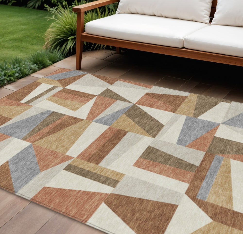 HomeRoots 10' Chili Red, Beige & Gray Geometric Washable Area Rug for Indoor & Outdoor Use – Durable & Stylish! 659543