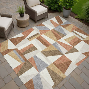 HomeRoots 10' Chili Red, Beige & Gray Geometric Washable Area Rug for Indoor & Outdoor Use – Durable & Stylish! 659543