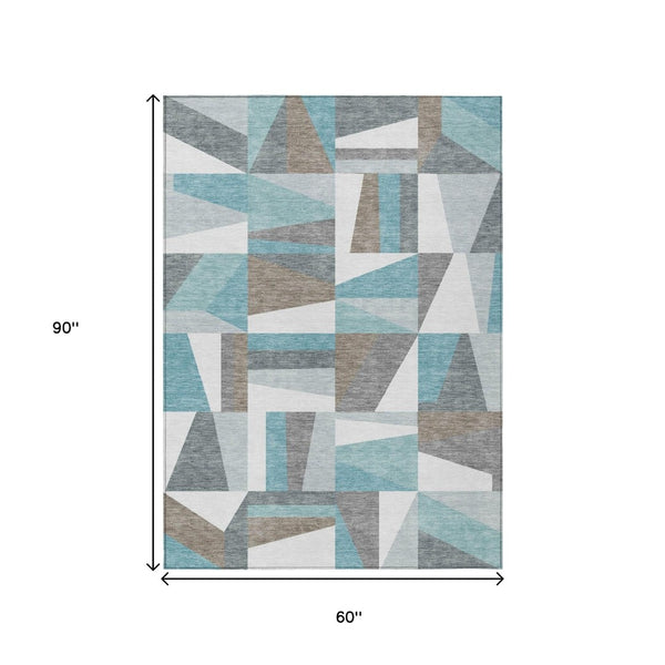 HomeRoots 5' Geometric Washable Area Rug in Teal Blue, Ivory & Gray – Perfect for Indoor & Outdoor Spaces! 659545