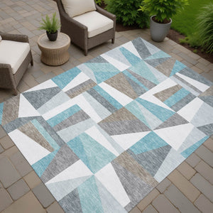 HomeRoots 5' Geometric Washable Area Rug in Teal Blue, Ivory & Gray – Perfect for Indoor & Outdoor Spaces! 659545