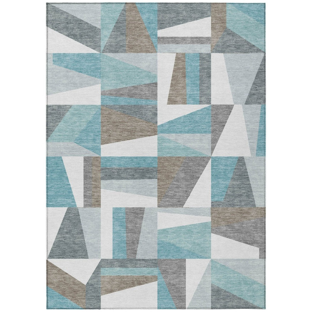 HomeRoots 5' Geometric Washable Area Rug in Teal Blue, Ivory & Gray – Perfect for Indoor & Outdoor Spaces! 659545