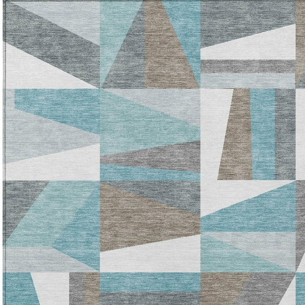 HomeRoots 5' Geometric Washable Area Rug in Teal Blue, Ivory & Gray – Perfect for Indoor & Outdoor Spaces! 659545