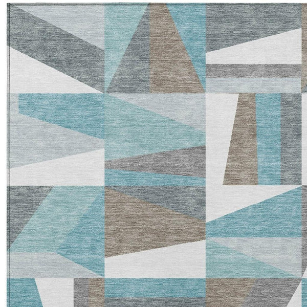 HomeRoots 9' X 12' Geometric Washable Area Rug in Teal Blue, Ivory & Gray - Stylish for Indoor & Outdoor Spaces 659548