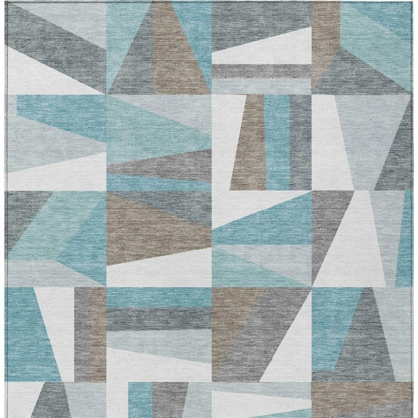 HomeRoots 10' Geometric Teal Blue, Ivory & Gray Area Rug - Stylish, Washable Indoor/Outdoor Comfort! 659549
