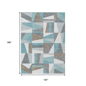 HomeRoots 10' Geometric Teal Blue, Ivory & Gray Area Rug - Stylish, Washable Indoor/Outdoor Comfort! 659549