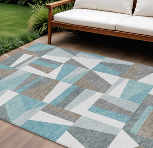 HomeRoots 10' Geometric Teal Blue, Ivory & Gray Area Rug - Stylish, Washable Indoor/Outdoor Comfort! 659549