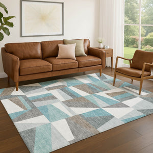 HomeRoots 10' Geometric Teal Blue, Ivory & Gray Area Rug - Stylish, Washable Indoor/Outdoor Comfort! 659549