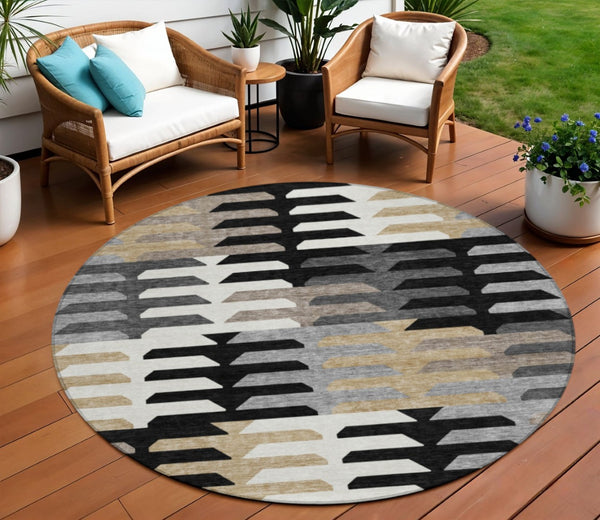 HomeRoots 8' Geometric Washable Area Rug in Black, White & Wheat - Stylish, Durable for Indoor & Outdoor Use 659552