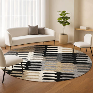 HomeRoots 8' Geometric Washable Area Rug in Black, White & Wheat - Stylish, Durable for Indoor & Outdoor Use 659552