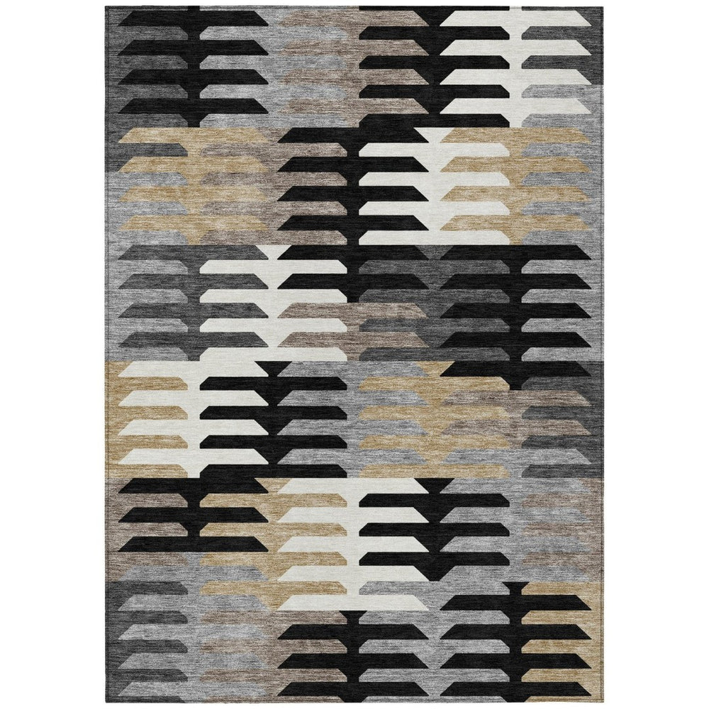 HomeRoots 8' X 10' Geometric Washable Area Rug in Black, White & Wheat - Durable for Indoor/Outdoor Use! 659553
