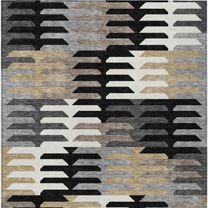 HomeRoots 10' Modern Geometric Area Rug - Black, White & Wheat - Durable, Washable Indoor/Outdoor Design! 659555