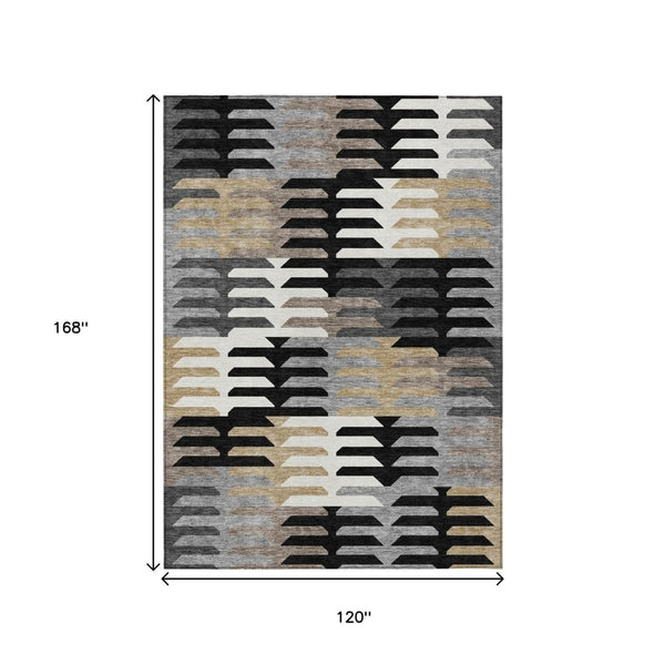 HomeRoots 10' Modern Geometric Area Rug - Black, White & Wheat - Durable, Washable Indoor/Outdoor Design! 659555