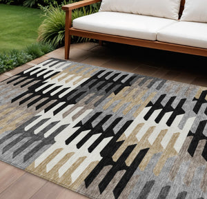 HomeRoots 10' Modern Geometric Area Rug - Black, White & Wheat - Durable, Washable Indoor/Outdoor Design! 659555