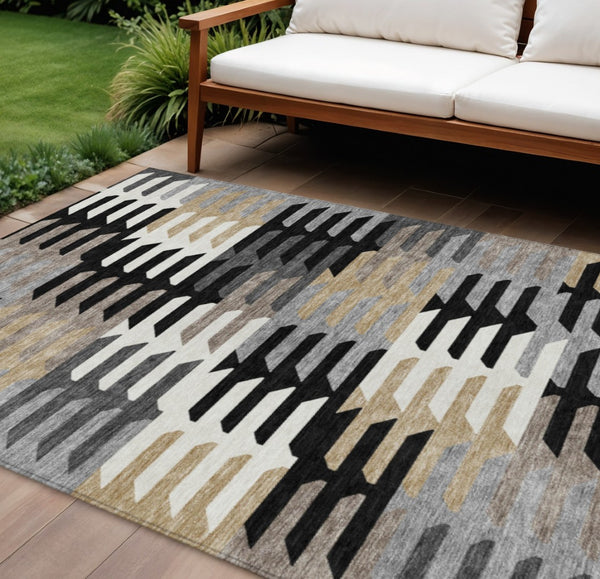 HomeRoots 10' Modern Geometric Area Rug - Black, White & Wheat - Durable, Washable Indoor/Outdoor Design! 659555