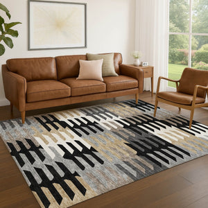 HomeRoots 10' Modern Geometric Area Rug - Black, White & Wheat - Durable, Washable Indoor/Outdoor Design! 659555