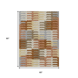 HomeRoots 5' Copper, Wheat & Beige Geometric Indoor-Outdoor Area Rug – Durable, Washable & Stylish Design! 659557
