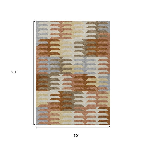 HomeRoots 5' Copper, Wheat & Beige Geometric Indoor-Outdoor Area Rug – Durable, Washable & Stylish Design! 659557
