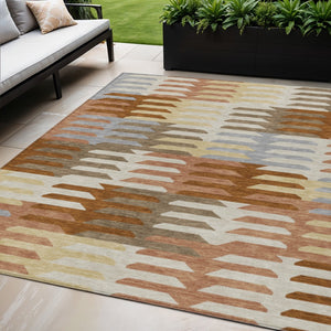 HomeRoots 5' Copper, Wheat & Beige Geometric Indoor-Outdoor Area Rug – Durable, Washable & Stylish Design! 659557
