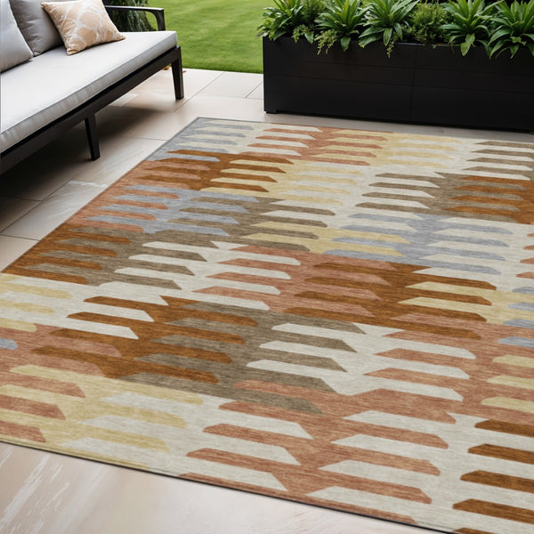 HomeRoots 5' Copper, Wheat & Beige Geometric Indoor-Outdoor Area Rug – Durable, Washable & Stylish Design! 659557