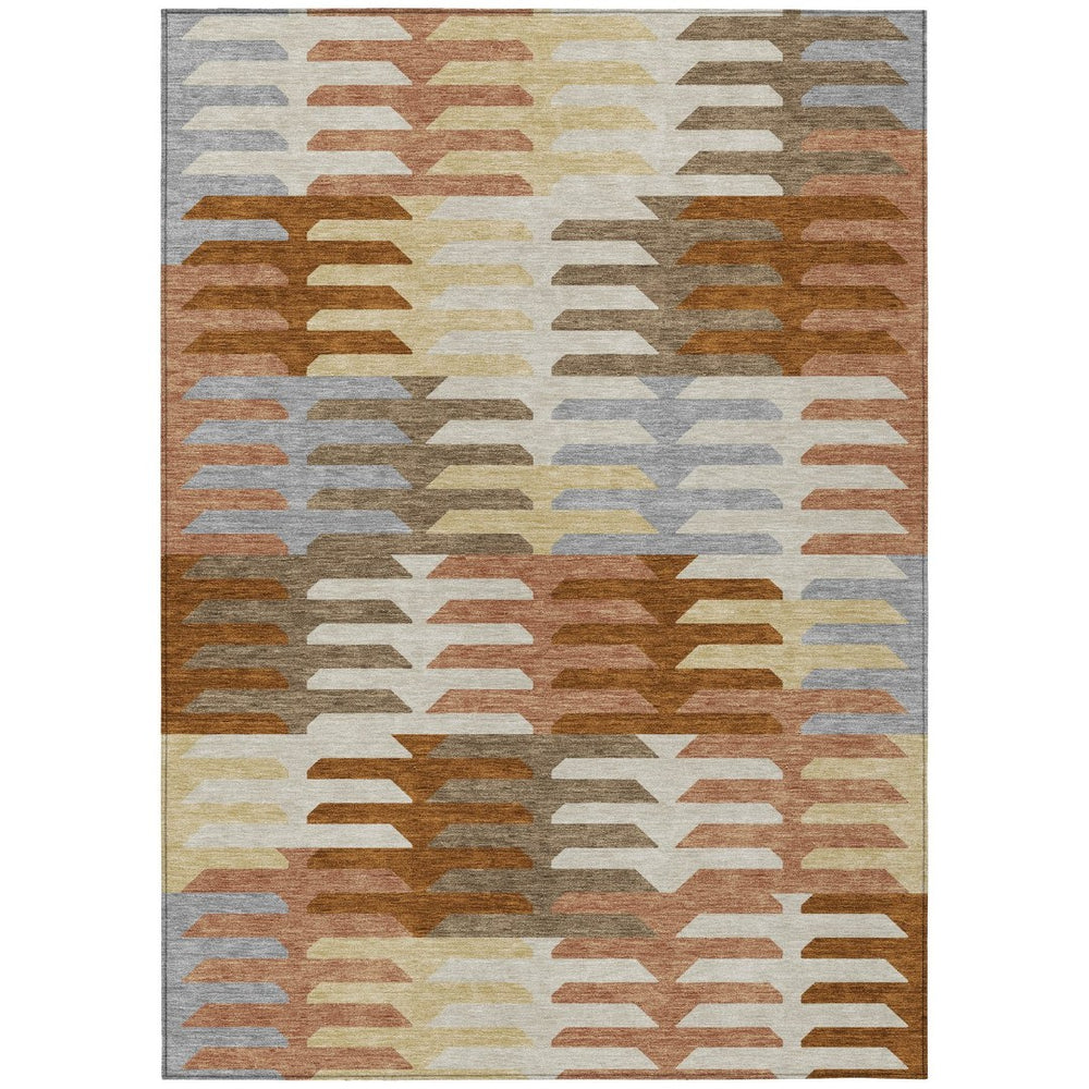 HomeRoots 5' Copper, Wheat & Beige Geometric Indoor-Outdoor Area Rug – Durable, Washable & Stylish Design! 659557