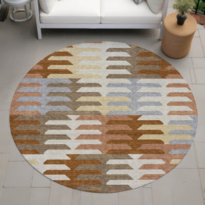 HomeRoots 8' Stylish Copper and Beige Round Geometric Washable Area Rug for Indoor and Outdoor Spaces 659558