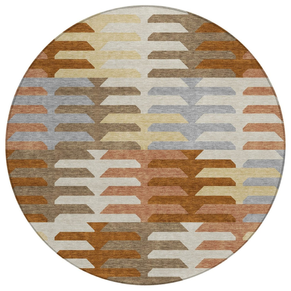 HomeRoots 8' Stylish Copper and Beige Round Geometric Washable Area Rug for Indoor and Outdoor Spaces 659558