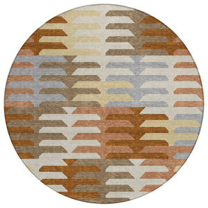 HomeRoots 8' Stylish Copper and Beige Round Geometric Washable Area Rug for Indoor and Outdoor Spaces 659558