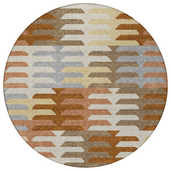 HomeRoots 8' Stylish Copper and Beige Round Geometric Washable Area Rug for Indoor and Outdoor Spaces 659558