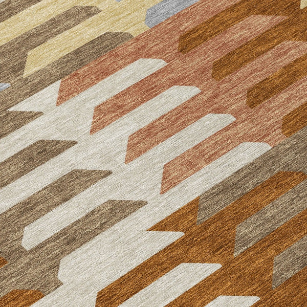HomeRoots 8' Stylish Copper and Beige Round Geometric Washable Area Rug for Indoor and Outdoor Spaces 659558