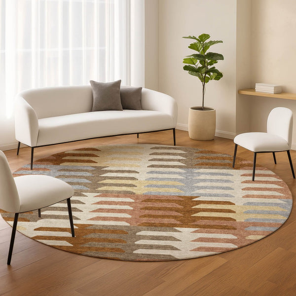 HomeRoots 8' Stylish Copper and Beige Round Geometric Washable Area Rug for Indoor and Outdoor Spaces 659558