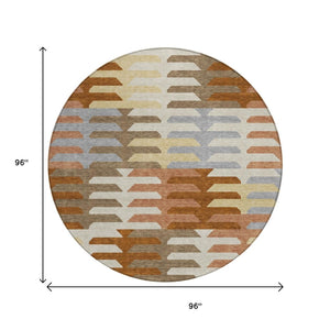 HomeRoots 8' Stylish Copper and Beige Round Geometric Washable Area Rug for Indoor and Outdoor Spaces 659558